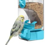 Automatic Bird Feeder, Acrylic Bird Cage Feeder with Perch for Parakeet Canary Cockatiel Finch (Blue)