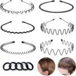 LERNOU Metal Men Headbands Women Hair Bands, Unisex Black Wavy,Spring And Summer Outdoor Sports Headbands, Fashion Simple Elastic Non Slip Hair Accessories (6pcs)