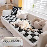 Cream-Coloured Large Plaid Square Fuzzy Pet Mat Bed Couch Cover,Funny Couch Cover,Fluffy Plaid Couch Cover for Pets,Cream Square Plaid Cozy Dog Mat (Black,45x45cm/17.7x17.7in)