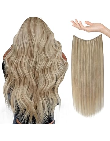 Sunny Hair Wire Hair Extensions Human Hair Invisible Wire Hair Extensions for Women Straight Hidden Hair Extensions with Adjustable Line Ash Blonde Highlights Golden Blonde 16Inch
