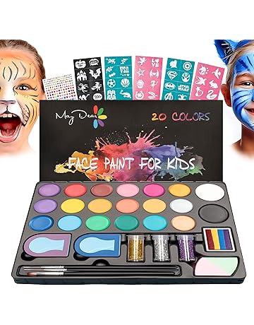 Maydear Face Painting kit for Kids - 20 Colors Water Based Makeup Palette with Stencils, Glitters, Rainbow Split Cake, Hair Dye Clips, for Parties, Halloween, Safe Professional Body & Face Paint kit